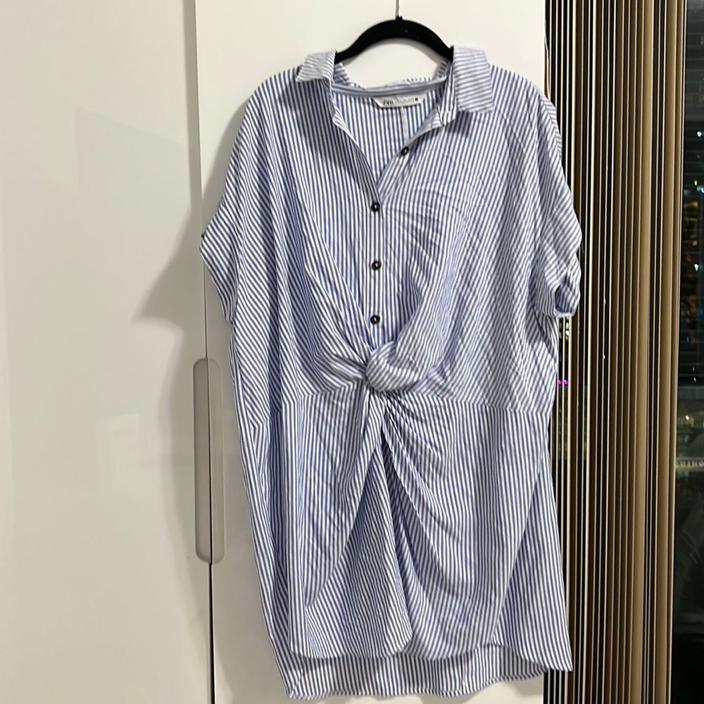 Blue and white striped button up dress